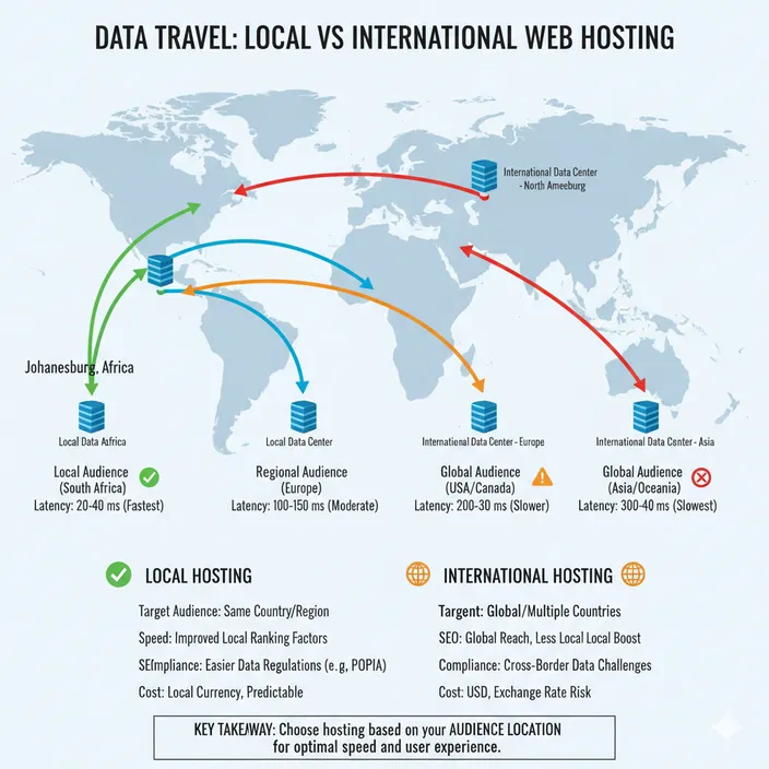 Infographic showing data travel paths and latency for local vs. international web hosting.