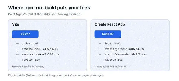 Build output folders: dist for Vite, build for Create React App