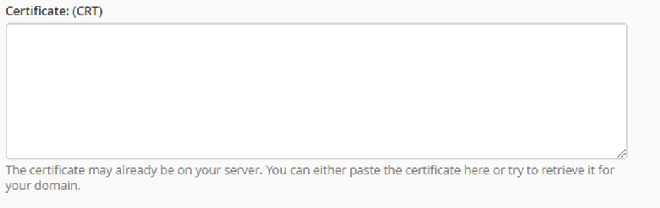 The certificate field that requires SSL data to be entered into it