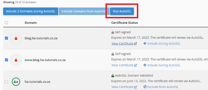 The Run AutoSSL screen that certain clients can use to automatically enable an SSL certificate 