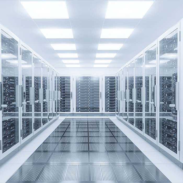 Interior of a datacentre filled with server racks